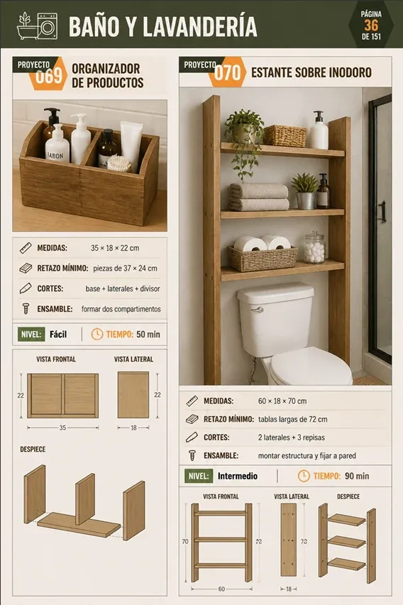 Página de baño y lavandería — organizador y estante sobre inodoro