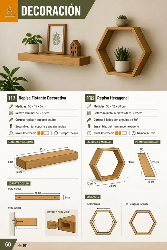 Página de decoración — repisa flotante y repisa hexagonal