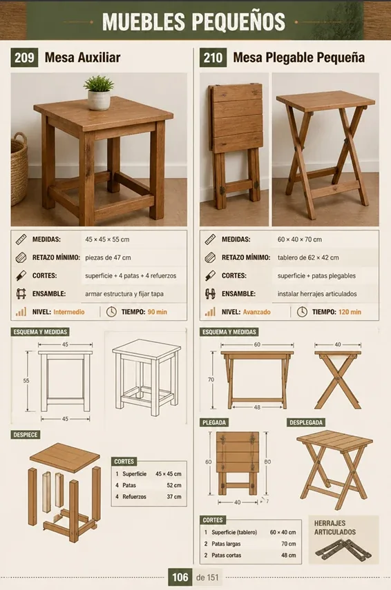 Página de muebles pequeños — mesa auxiliar y mesa plegable