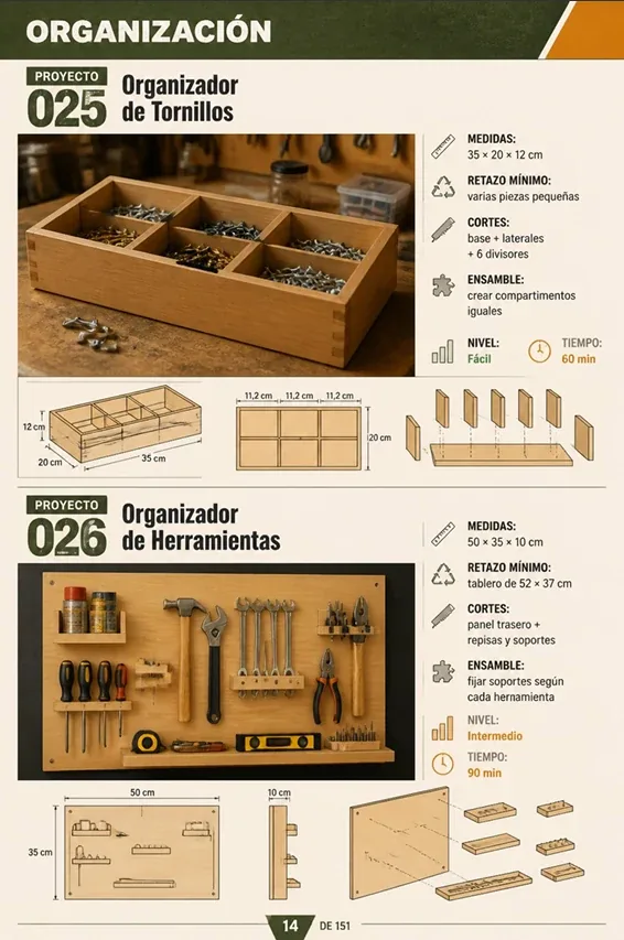 Página de organización — organizador de tornillos y herramientas