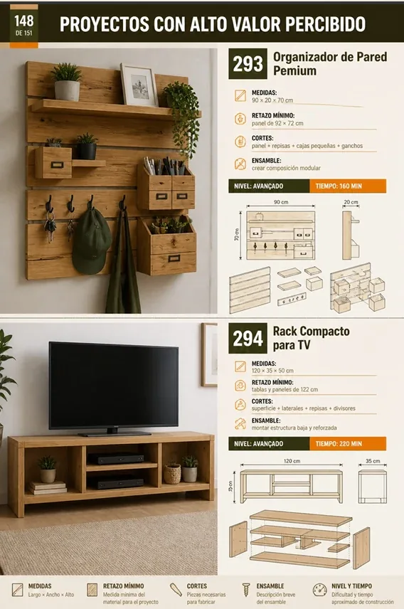 Página de proyectos con alto valor percibido — organizador de pared y rack para TV