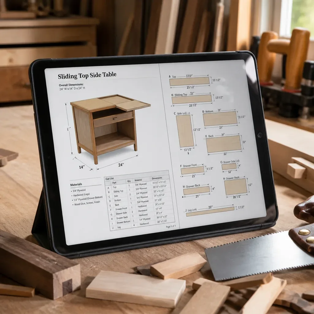 Proyecto de madera con medidas y lista de cortes en una tablet