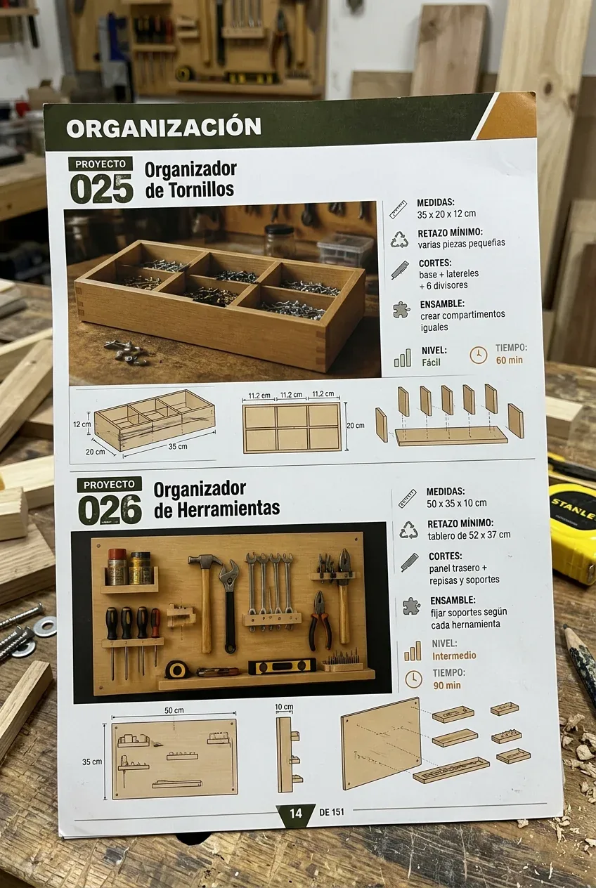 Guía impresa de organización abierta sobre un banco de carpintería