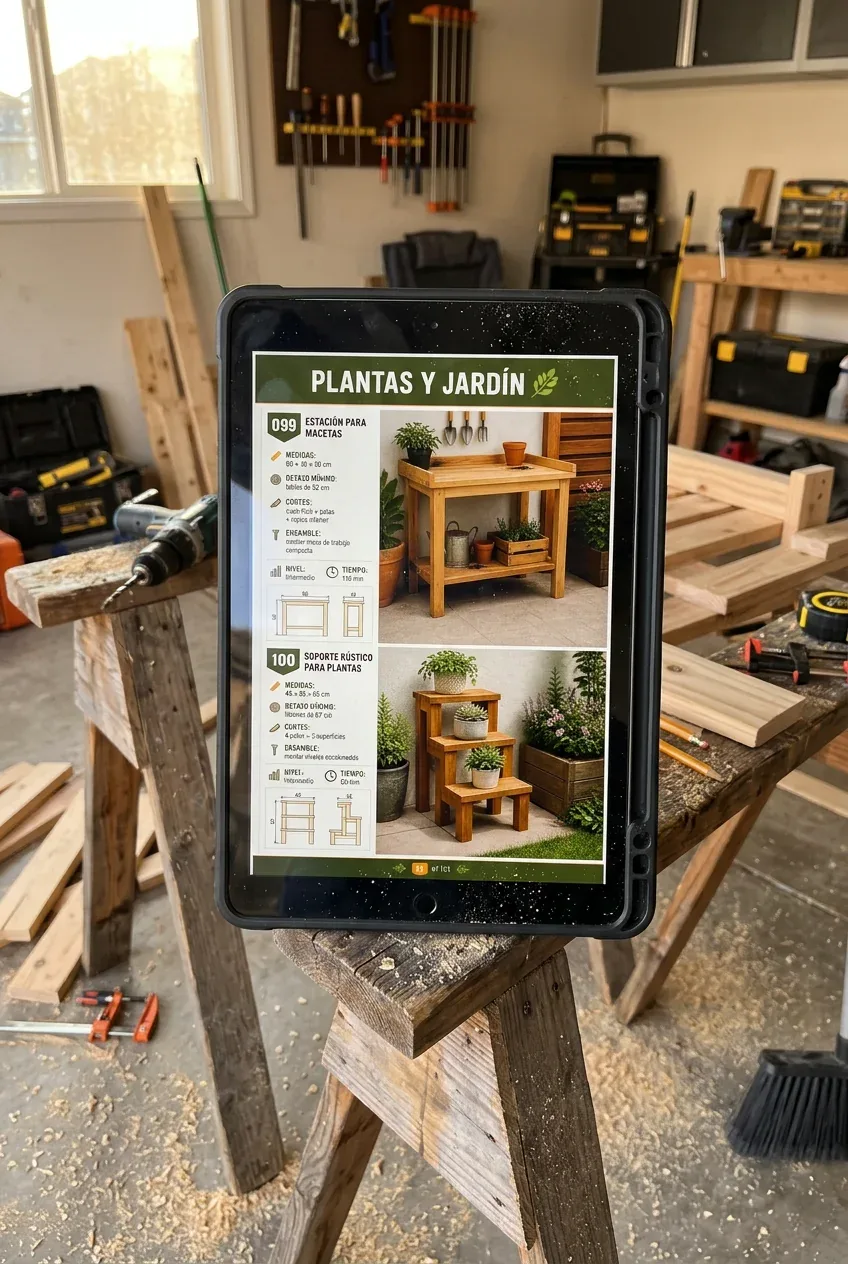Proyecto de plantas y jardín consultado en una tablet en el taller