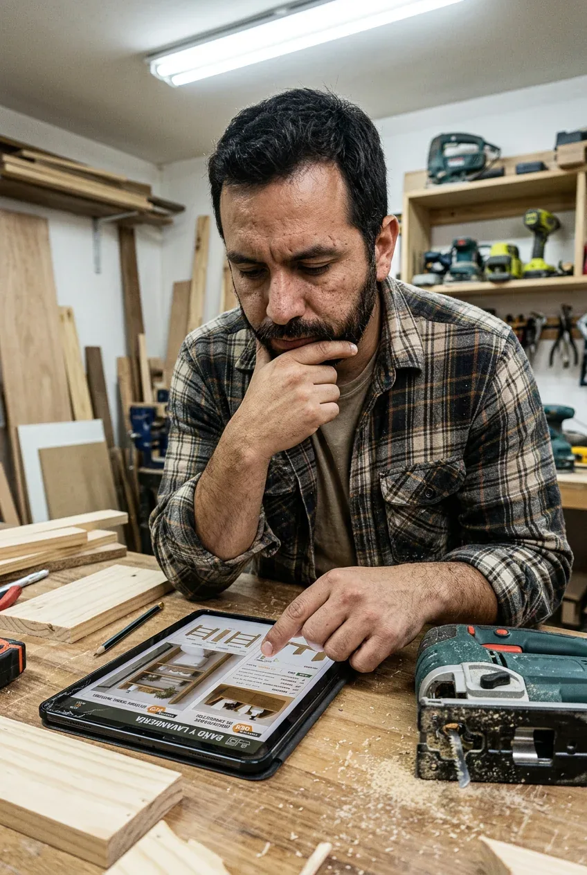 Carpintero consultando el organizador modular en una tablet